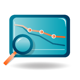 Bar graph with magnifying glass icon